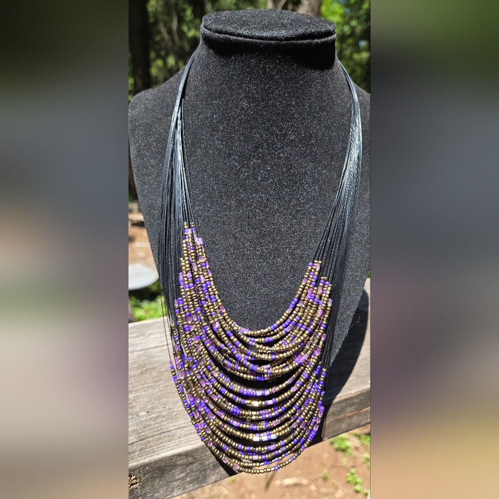 Purple & Gold Multi-Strand Beaded Handmade Necklace By Aelon 21" Adjustable - Picture 2 of 7